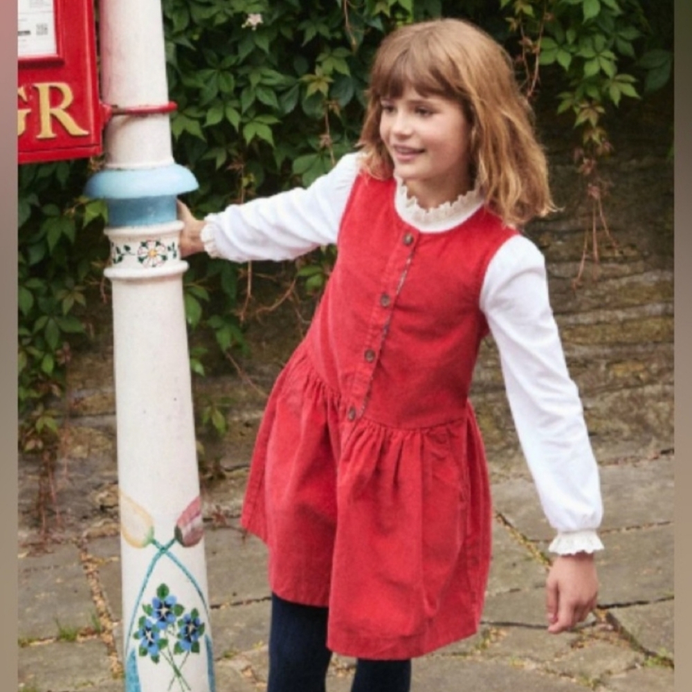 Mini Boden Red Corduroy Button Front Pinafore Dress 9-10Y